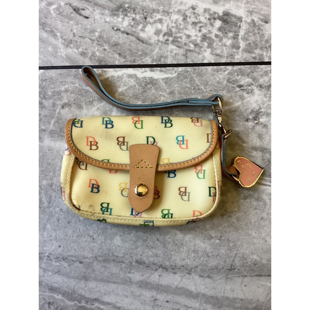 Dooney & Bourke Multi-Color Monogram Wristlet Pouch Cream Heart Charm Vintage